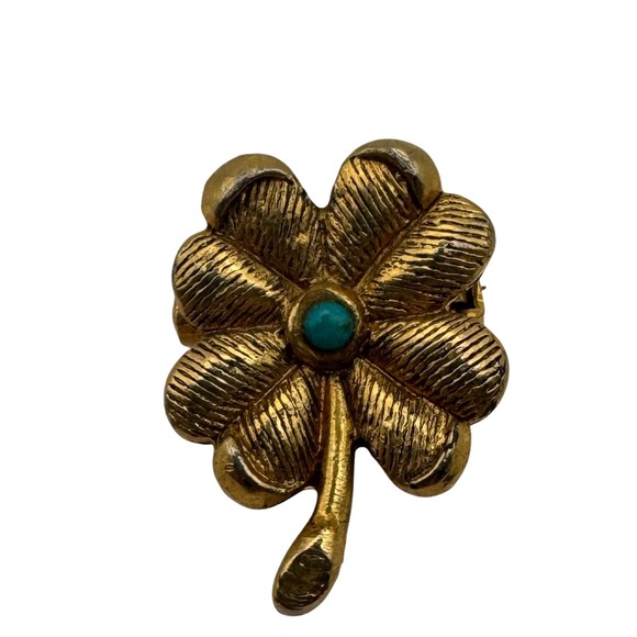 The Unbranded Brand Jewelry - Vintage Four Leaf Clover Brooch Gold Tone Blue Stone Good Luck Charm